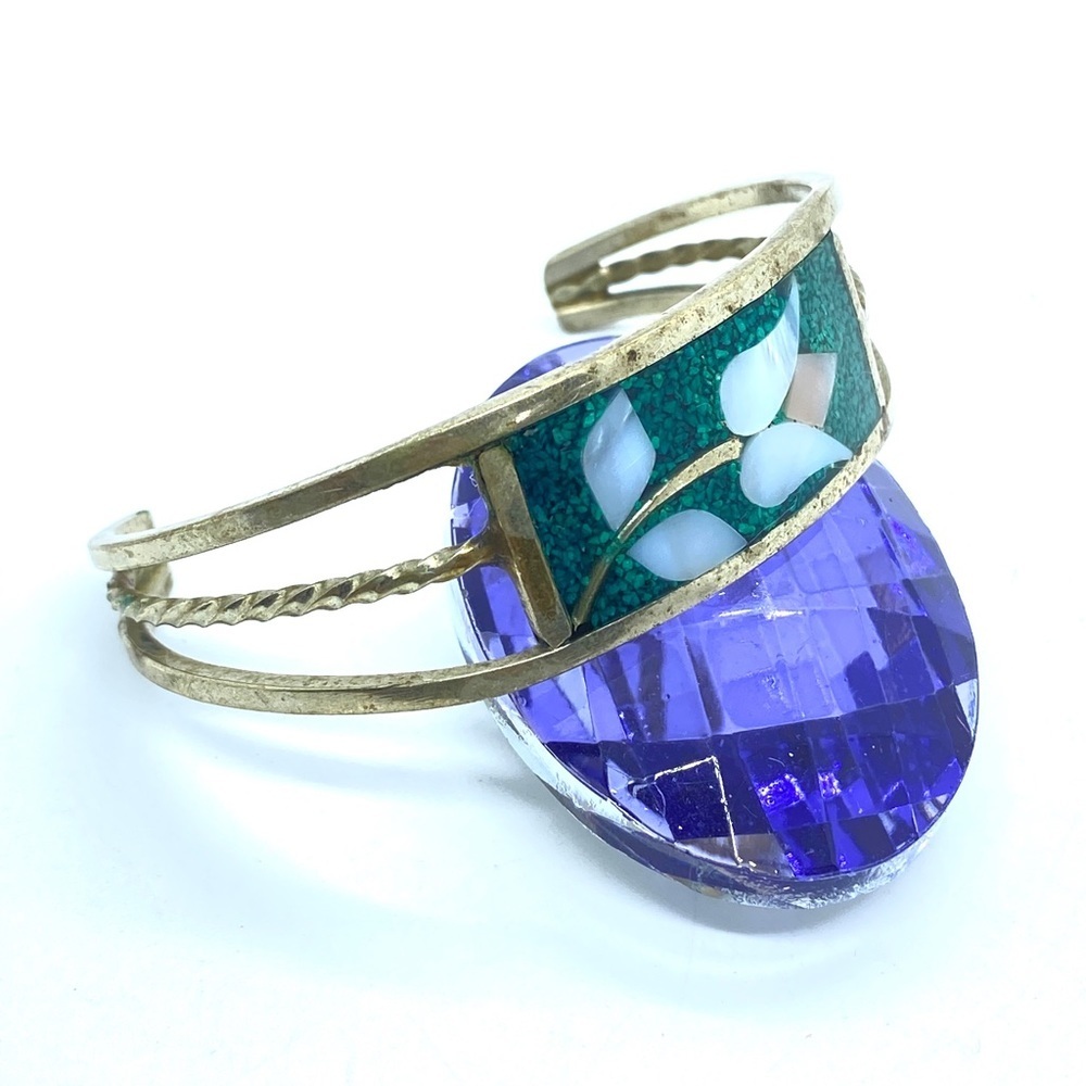 Vintage Alpaca Mexico Mother-of-Pearl Floral Inlay Cuff Bracelet - Picture 7 of 11